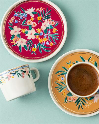Flower Spree Porcelain 4 Parça 2 Kişilik Coffee Cup Set 90 ml Mustard-Pink