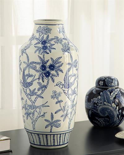 Flowers And Birds Ваза Порцелан, Синьо Бяло, 20,5 X 43,5 Cm