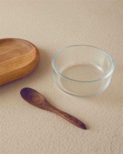 Hardwood Glass with wooden stand and spoon Presenter 33 cm Brown