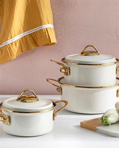 Isidora Комплект Тенджери 3 Бр., Емайлиран, Кремово, 14-16-18 Cm