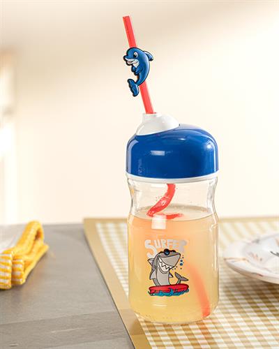 Kid Shark Детска Бутилка Със Сламка Стъкло, Синьо, 370 Ml