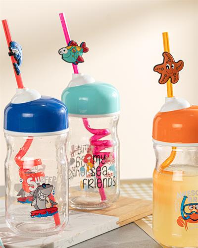 Kid Shark Детска Бутилка Със Сламка Стъкло, Синьо, 370 Ml