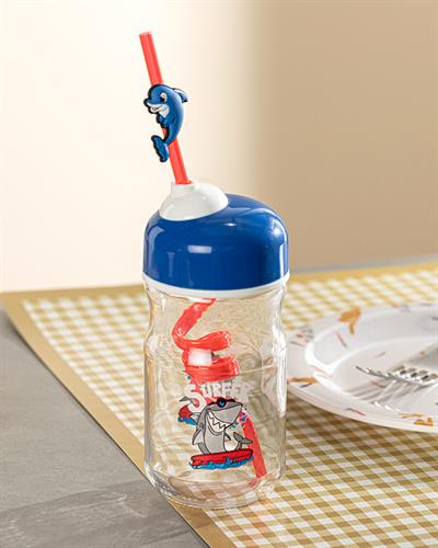 Kid Shark Детска Бутилка Със Сламка Стъкло, Синьо, 370 Ml