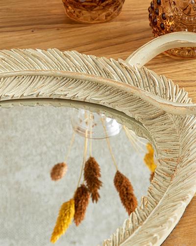 Leaf With Mirror Decorative Tray 25x44 cm Cream