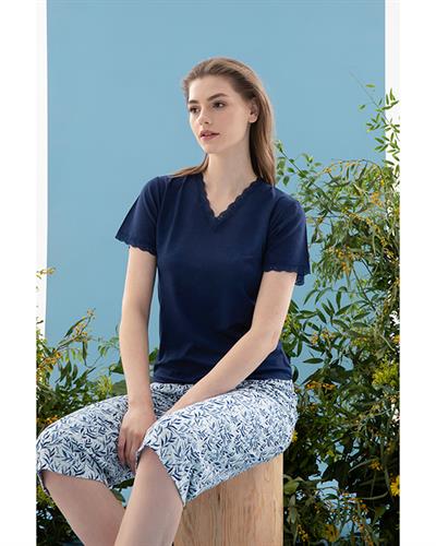 Leaf Viscose Women Pajama Set L Dark Blue