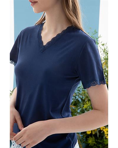 Leaf Viscose Women Pajama Set L Dark Blue