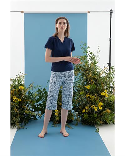 Leaf Viscose Women Pajama Set L Dark Blue