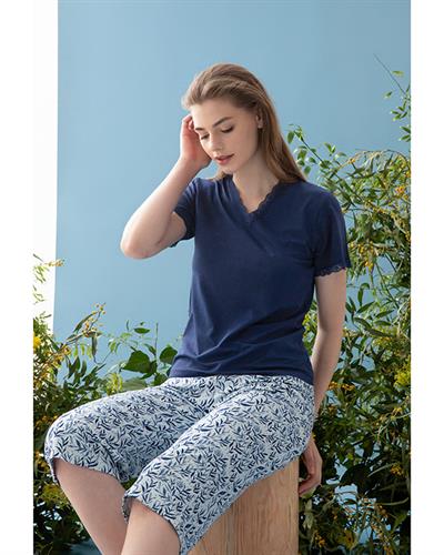 Leaf Viscose Women Pajama Set XL Dark Blue