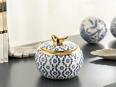 Little Bird Куб Порцелан, Синьо-Бяло-Злато, 13,5 X 13,5 X 11,5 Cm