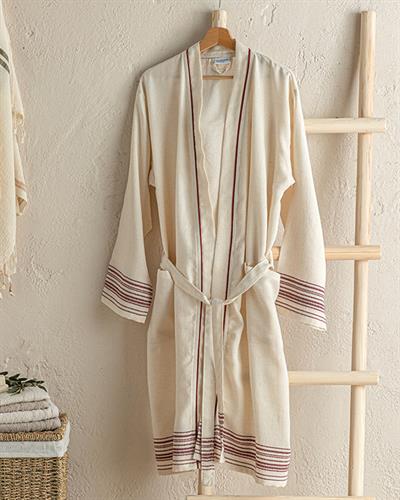 Lola Cotton & Linen Peshtemal Robe L-XL Beige-ClaretRed