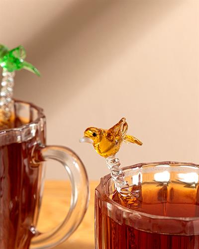 Love Birds Glass 4 Set Tea Spoon 12 cm Cream-Green-Yellow