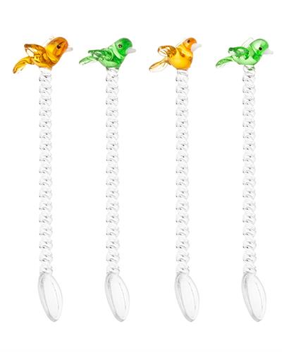 Love Birds Glass 4 Set Tea Spoon 12 cm Cream-Green-Yellow