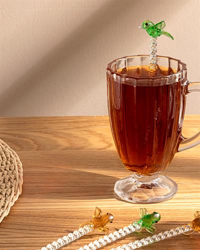 Love Birds Glass 4 Set Tea Spoon 12 cm Cream-Green-Yellow