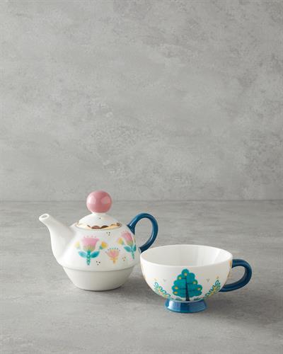 New Bone China With Pot Mug 400 ml Green - Pink