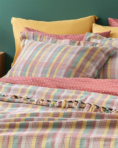 Madras Plaid Weaved Double Person Bed Quilt Set 240x260 cm Pink-Yellow