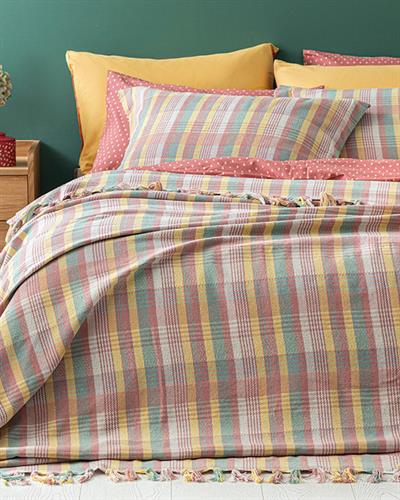 Madras Plaid Weaved Double Person Bed Quilt Set 240x260 cm Pink-Yellow