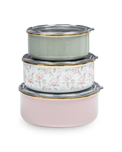 Magnolia Кутия За Съхранение 3 бр. Емайлиран 14 - 16 - 18 см Розов - Зелен