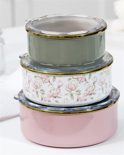 Magnolia Кутия За Съхранение 3 бр. Емайлиран 14 - 16 - 18 см Розов - Зелен