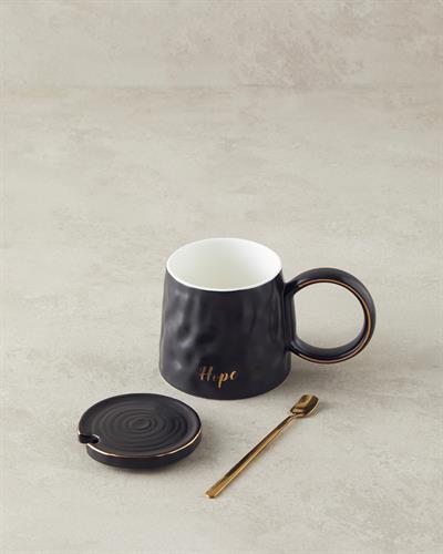New Bone China With Lid and Spoon Mug 350 ML Black
