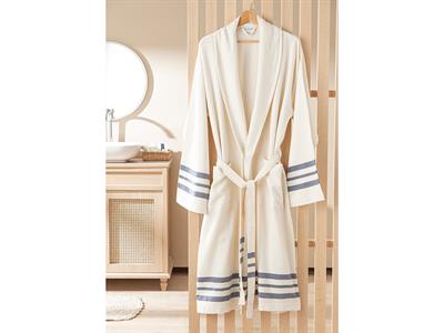 Marine Stripe Peshtemal Mens Bathrobe L-XL Beige - Dark Blue
