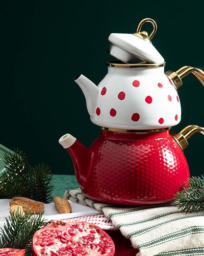Modern Dots Чайник Емайлиран, Червено, 0,5 Lt + 1 Lt