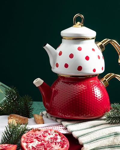 Modern Dots Чайник Емайлиран, Червено, 0,5 Lt + 1 Lt
