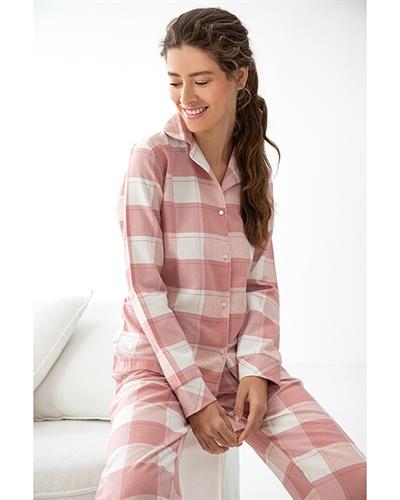 Pink Plaid Flannel Women Pajama Set M Pink