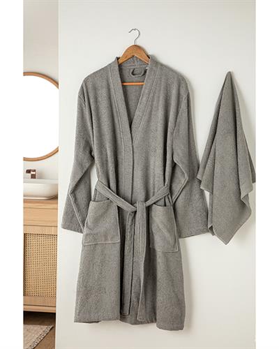 Plain Халат Комплект Сет, Памучен, Тъмно Сиво, S-M