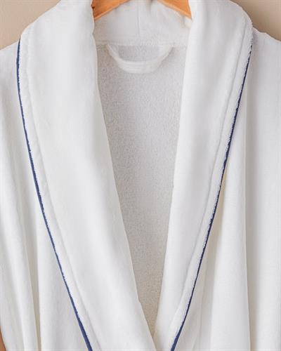 Premium Kadife Халат Маншет, Памучен, Бяло-Тъмно Синьо, S-M