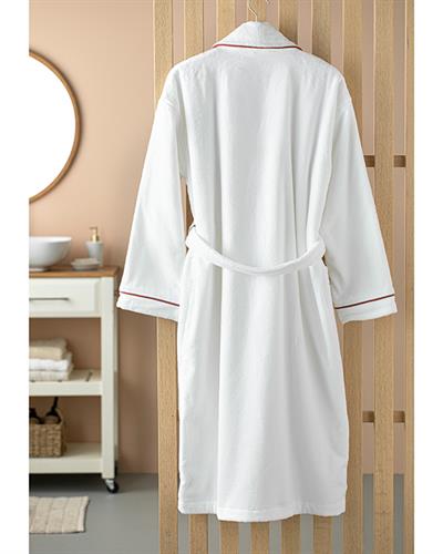 Premium Kadife Cottony Binding Bathrobe S-M White - Brick Red
