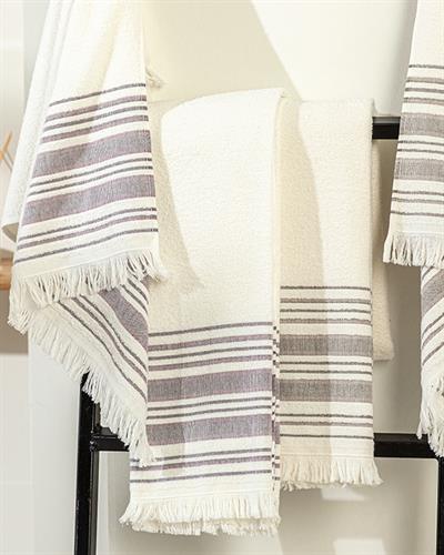 Retro Хавлия За Баня Компл Памучен Полиестер, Екрю - Тъмна Слива, 50 X 85Cm + 70 X 150Cm