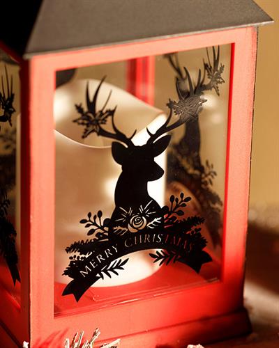 Rosy Deers Glass Plastic With Led Lantern 10,5x10,5x24 cm Red