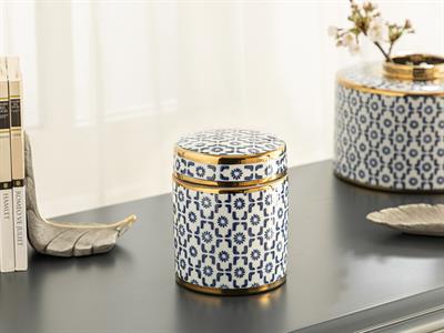 Steve Ваза С Капак Порцелан 12x12x14 см Син - Бял - Златен