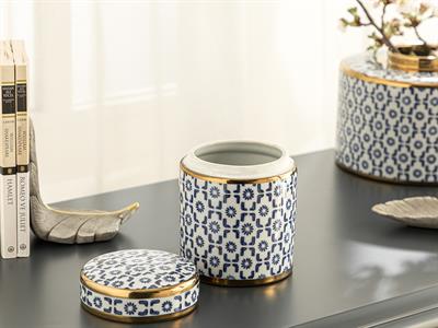 Steve Ваза С Капак Порцелан 12x12x14 см Син - Бял - Златен