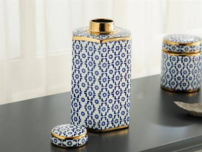 Steve Porcelain Cube 16x14x19 cm Blue - White - Gold