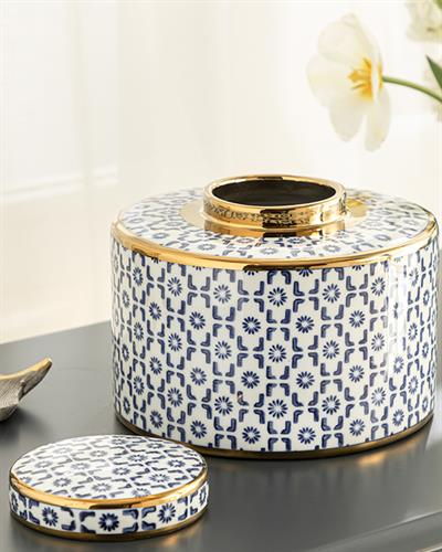 Steve Ваза С Капак Порцелан 21,5x21,5x17,5 см Син - Бял - Златен