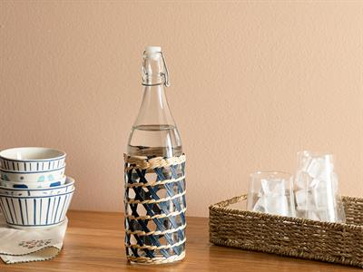 Stripe Wicker Glass Wicker Bottle 980 ml Dark Blue