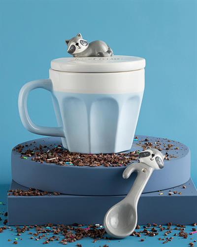 Sweet Racoon Чаша С Капак И Лъжица, Dolomit, Светло Синьо, 340 Ml