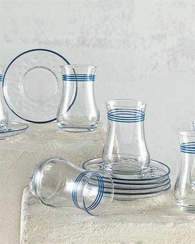 Thin Stripes Чаен Комплект 12 Бр. За 6 Души, Стъкло, Синьо, 170 Ml