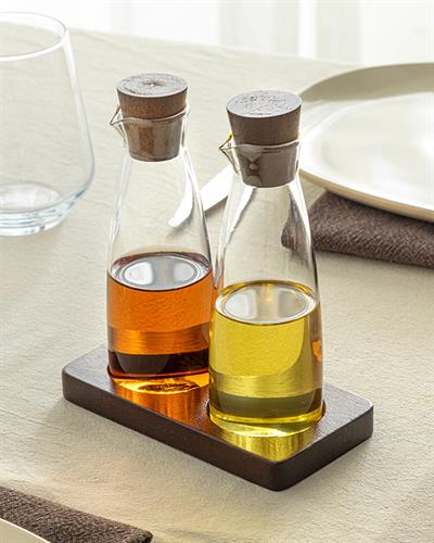 Tuscany Диспенсър За Олио - Отец 2Бр. С Дървена Стойка, Borosilkat, Прозрачен, 180 Ml