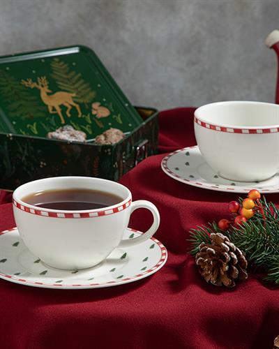 Winter Soul Комплект Чаени Чаши 4 Бр. За 2 Души, Bone Порцелан, Зелено-Червено, 200 Ml
