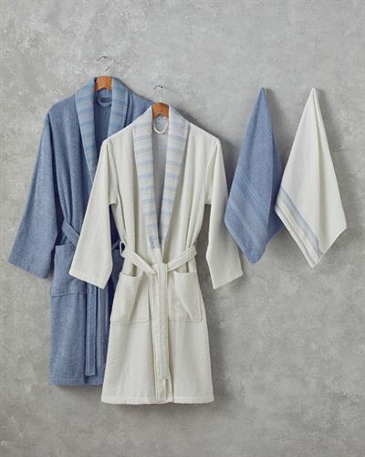 Wolin Комплект Халат За Баня С борд Памучен полиестер S-M и L-XL Бял - Син