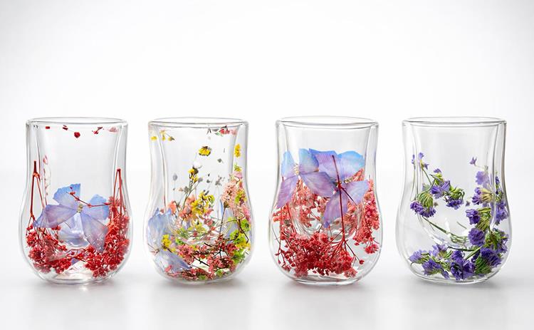 Çift Camlı Çiçekli Su Bardağı