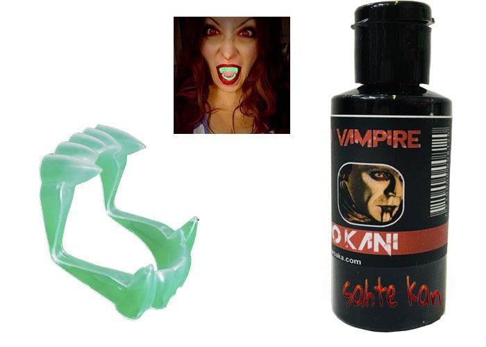 Fosforlu Çift Damak Takma Vampir Dişi ve 50 gr Tiyatro Kanı Set