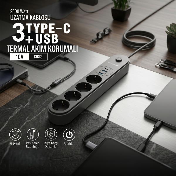 Termal Akım Korumalı 4 Prizli USB Girişli Uzatma Kablosu