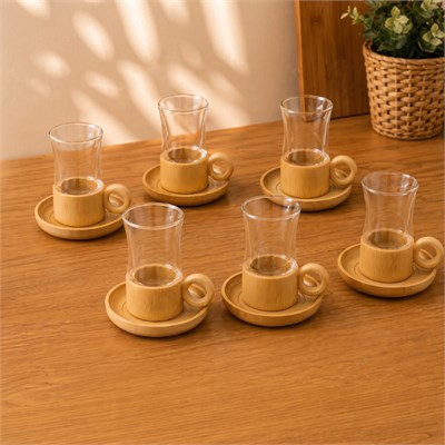 12 Parça Çay Seti - Bambu Bardak Altığı - Çift Cidarlı Cam - 150 ml