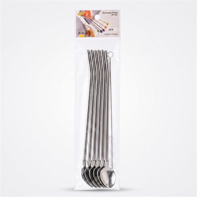 6'lı Kaşıklı Pipet Seti - Metal - Pipet Temizleme Fırçası