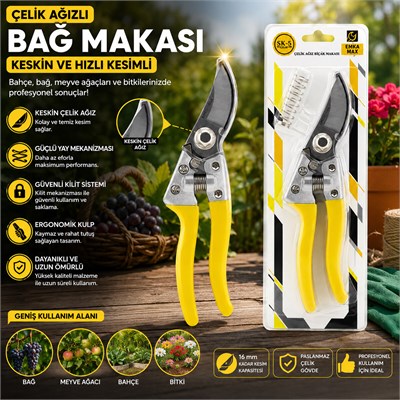 Çelik Ağızlı Bağ Makası - Güvenli Kilit Sistemi - Ergonomik Kulp