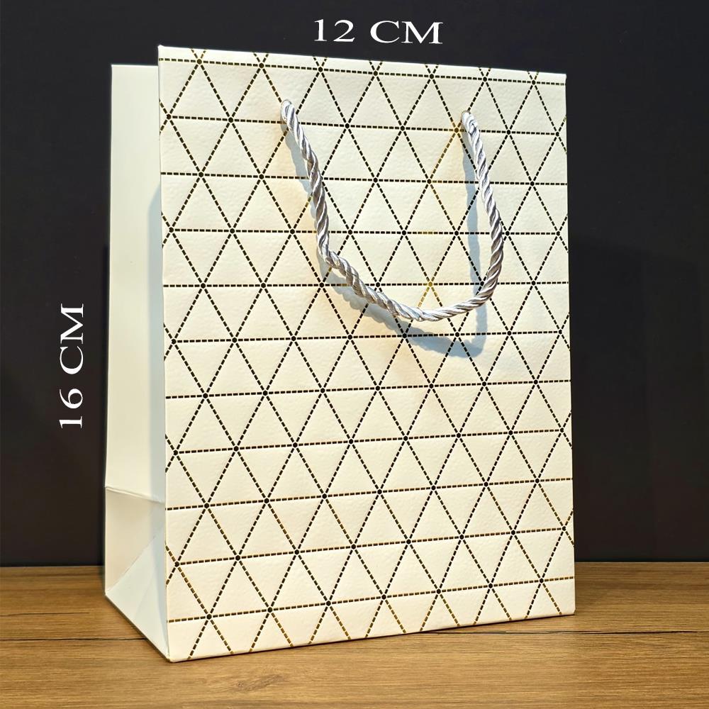 Beyaz Geometrik Desenli Mini Boy Karton Hediye Çantası