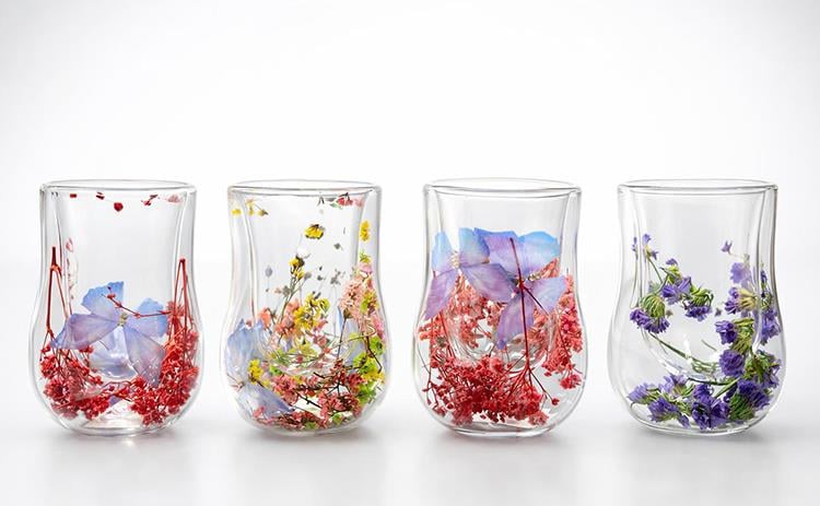 Çift Camlı Çiçekli Su Bardağı